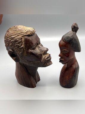 African Tribal Man & woman Bust hand Carved Dark Brown Wood Sculpture Statue